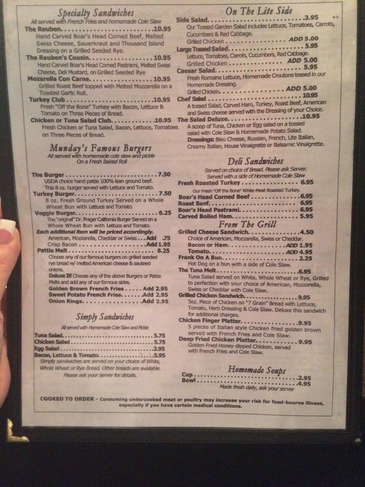 Menu at Munday's restaurant, Huntington