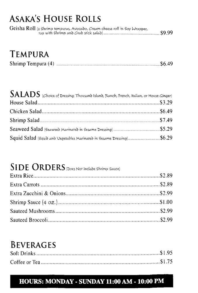 Menu at Asaka Japanese Cuisine restaurant, Asheville, 801 Biltmore Ave