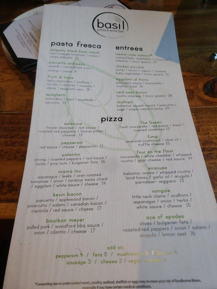 Menu at Basil Pizza & Wine Bar, Perrysburg