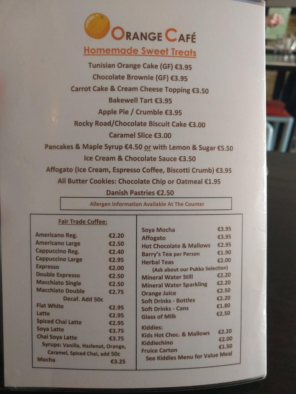 Menu at Orange Cafe, Kilkenny
