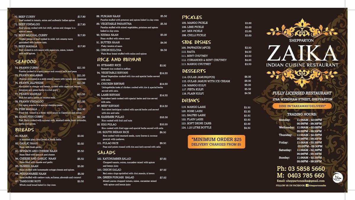 Menu at Shepparton zaika restaurant, Shepparton