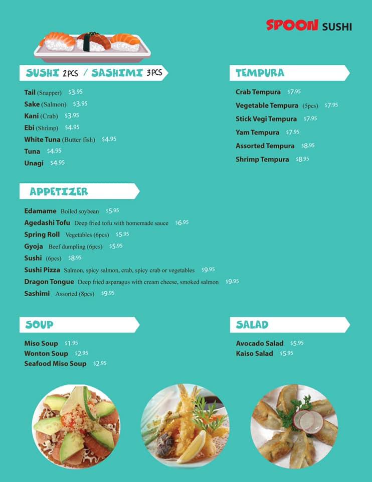 Menu at Spoon Sushi restaurant, Moncton