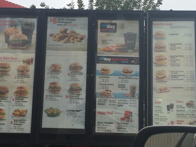 Menu at McDonald's fast food, Beaumont, I 10 E