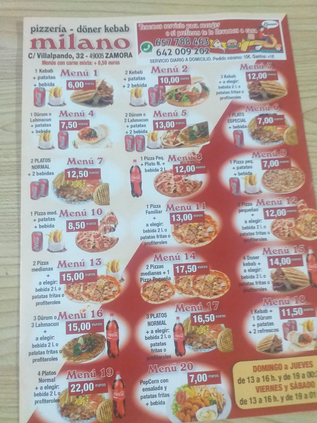 Carta de Milano pizzería Doner kebab, Zamora