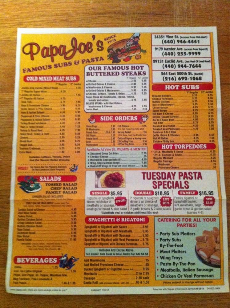 Menu at Papa Joe's Subs & Pasta fast food, Willowick, Vine St