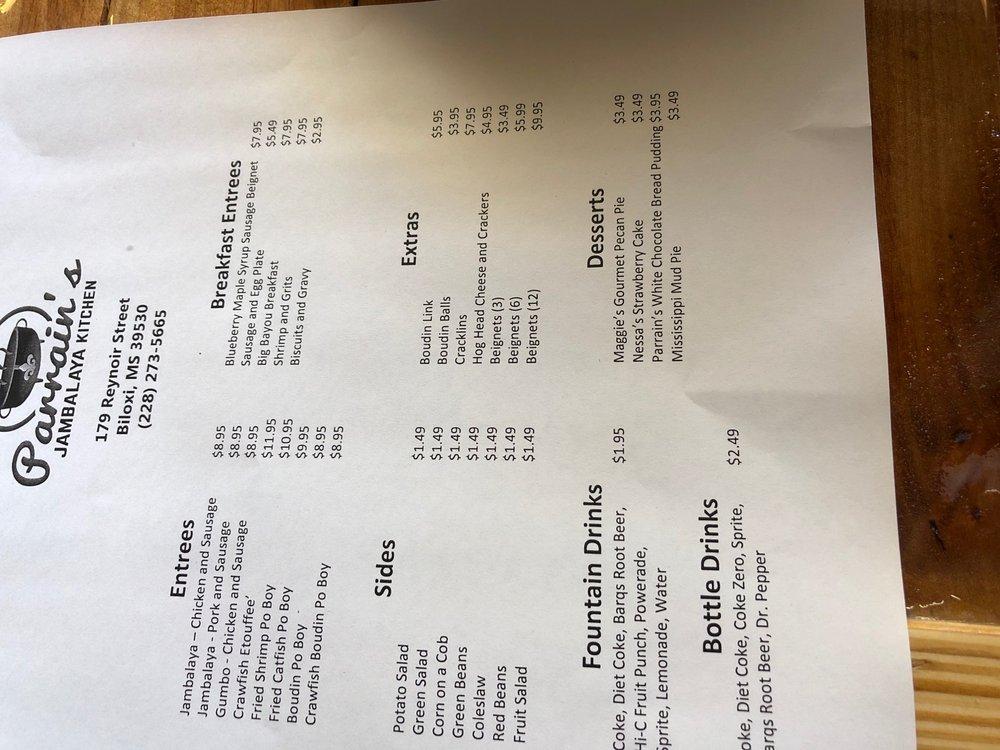 Menu at Parrain's Jambalaya Kitchen restaurant, Biloxi