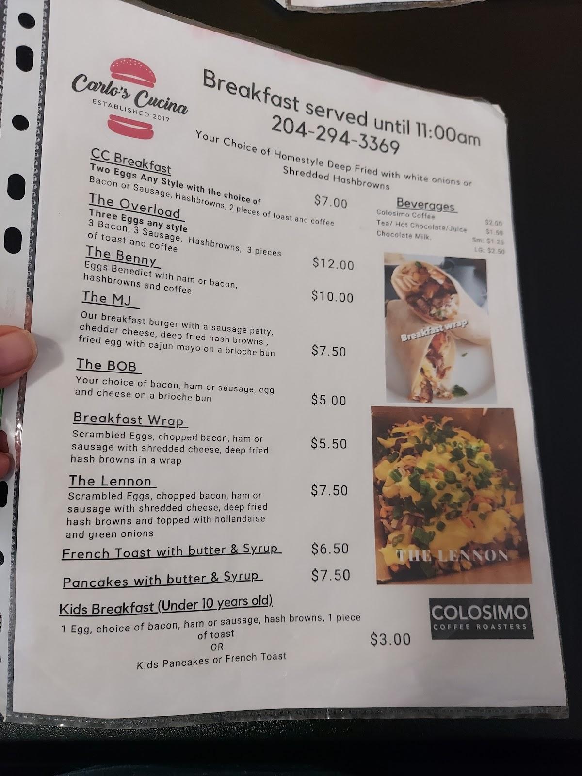 Menu at Carlo’s Cucina restaurant, Winnipeg Beach, 32 Hamilton Ave