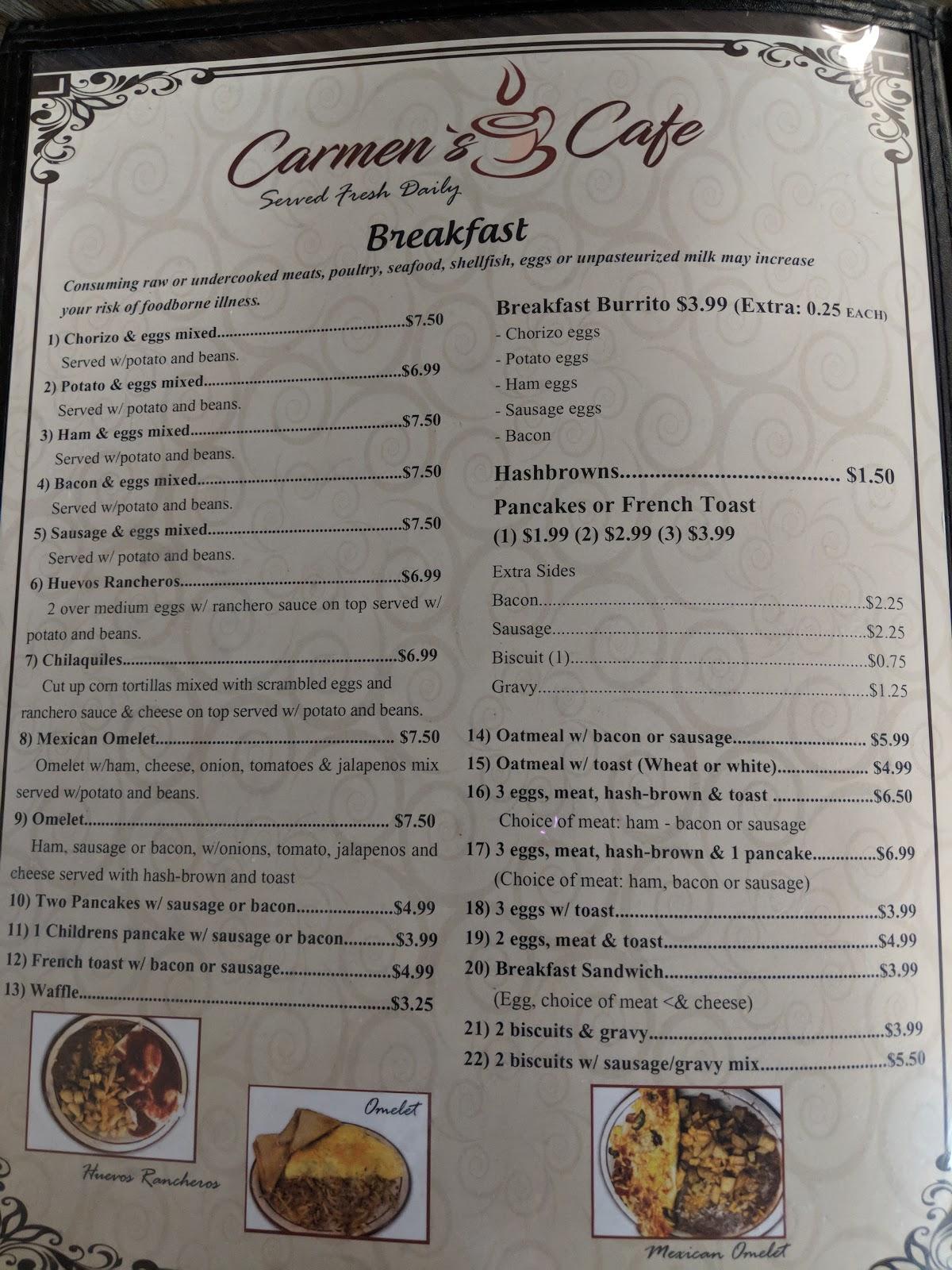 Menu at Carmen's Cafe, Godley