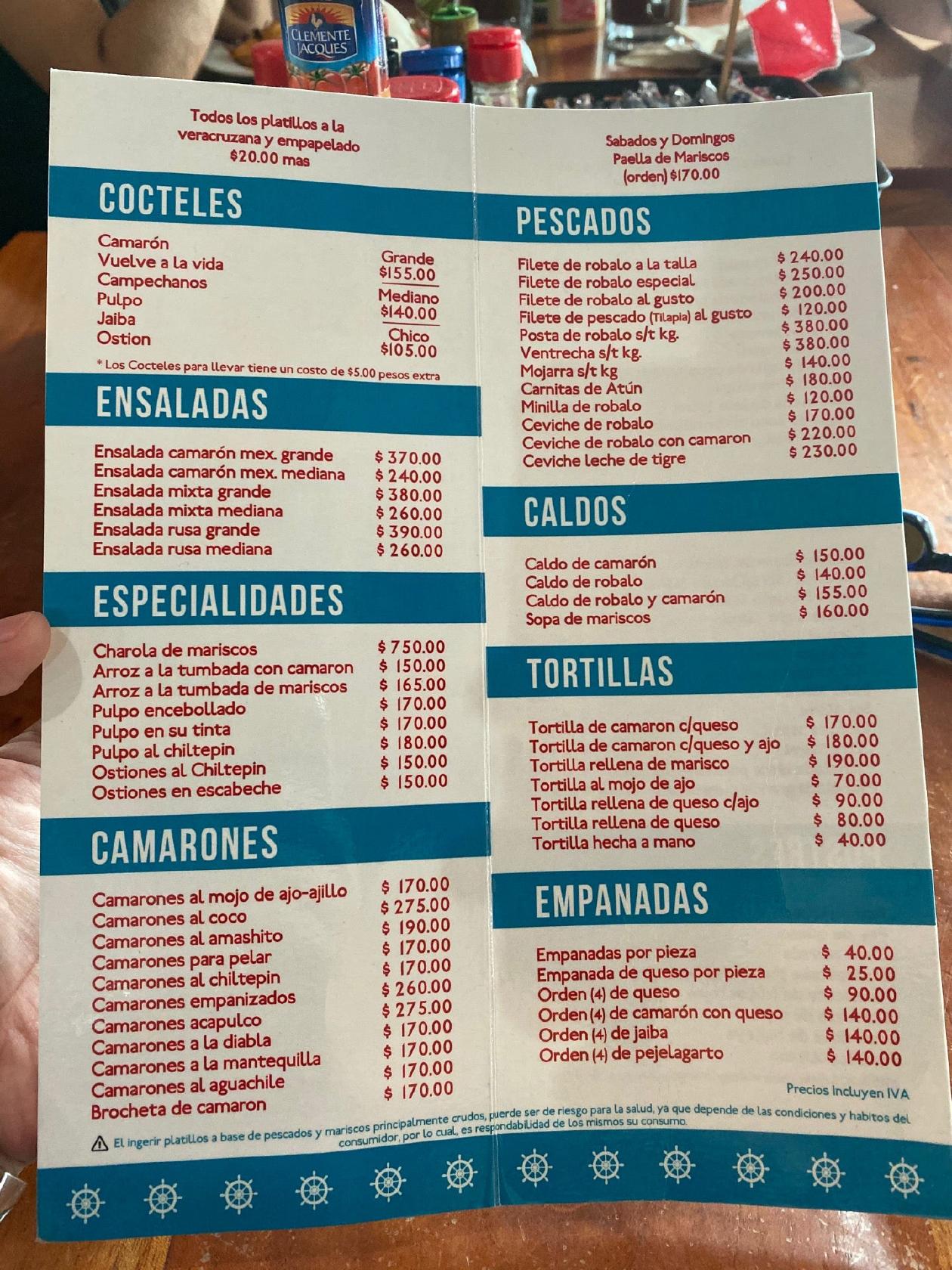 Carta del restaurante PESCADOS Y MARISCOS, Villahermosa