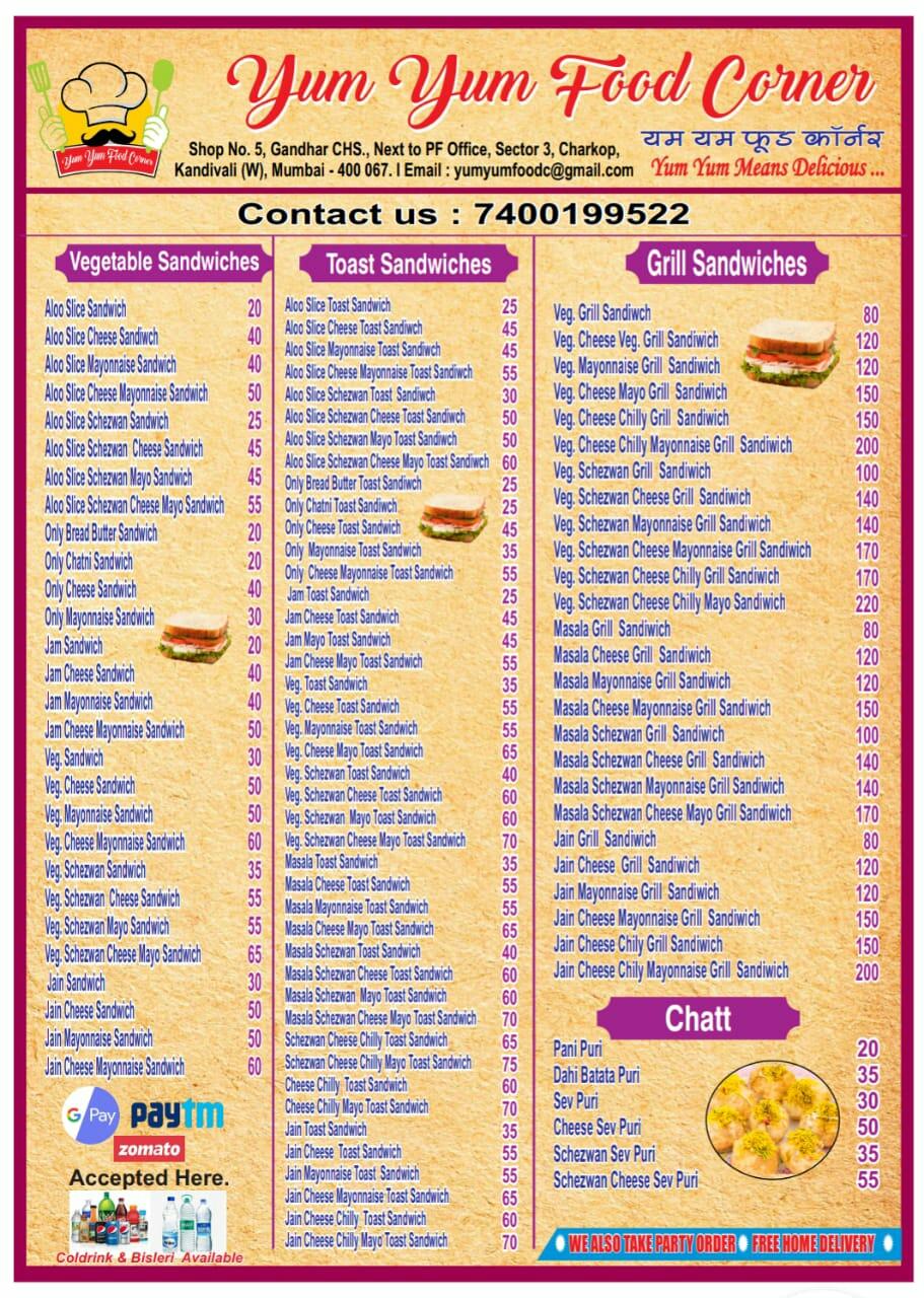 Menu at Yum Yum Food Corner, Mumbai, Shop no. 10