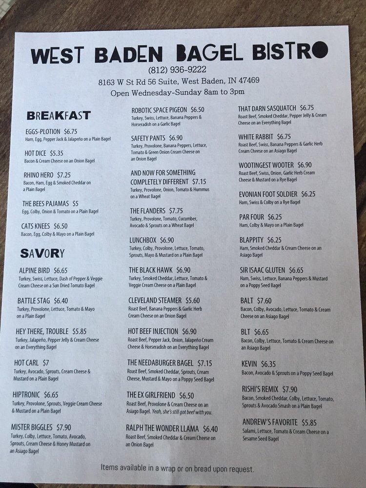 Menu at The Bagel Bistro cafe, West Baden Springs