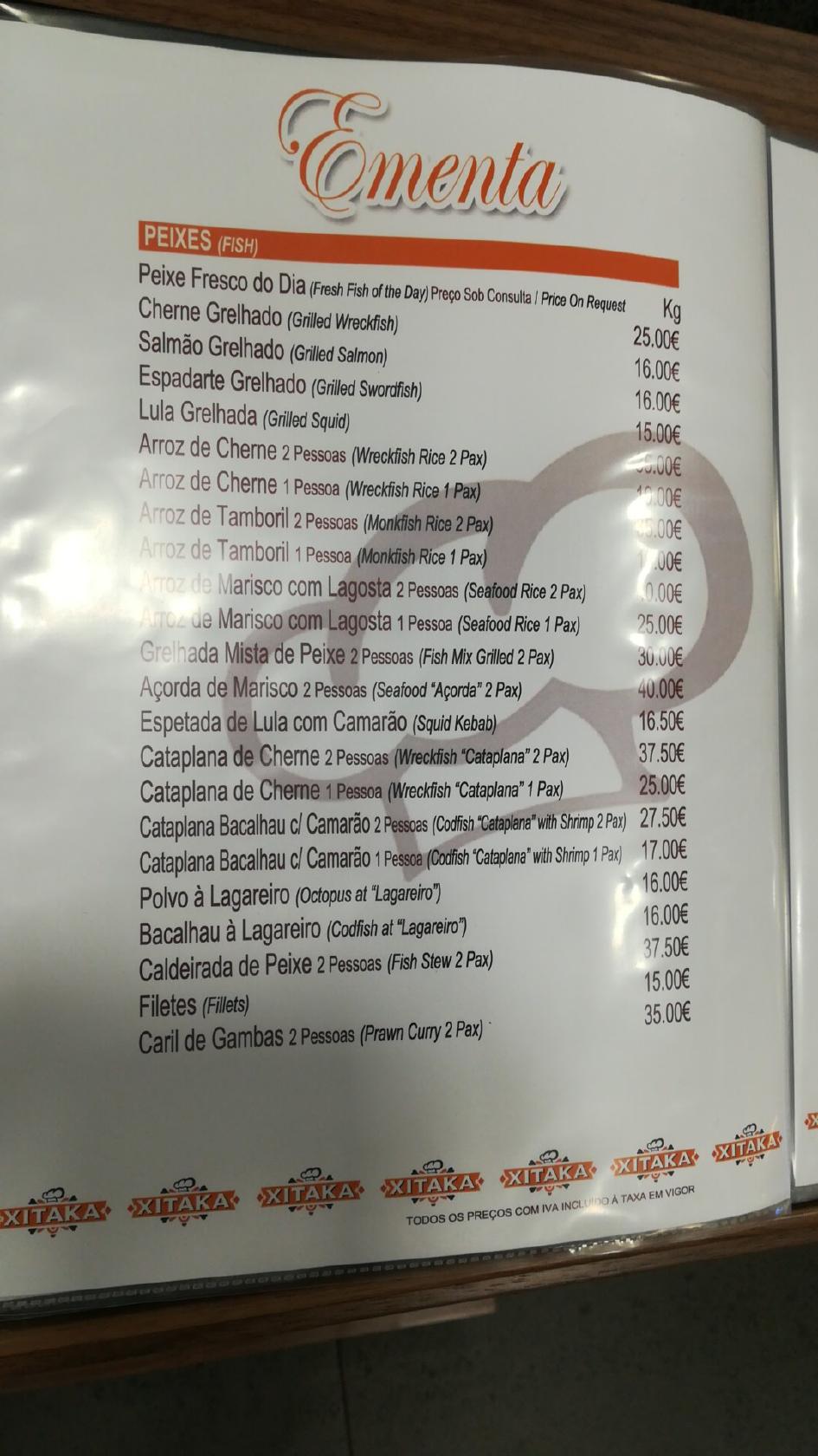 Menu em Xitaka restaurante, Ponta Delgada