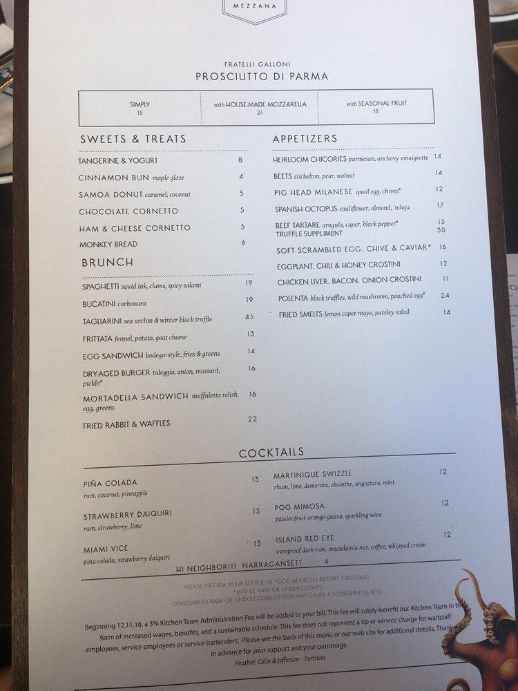 Menu at Bar Mezzana, Boston