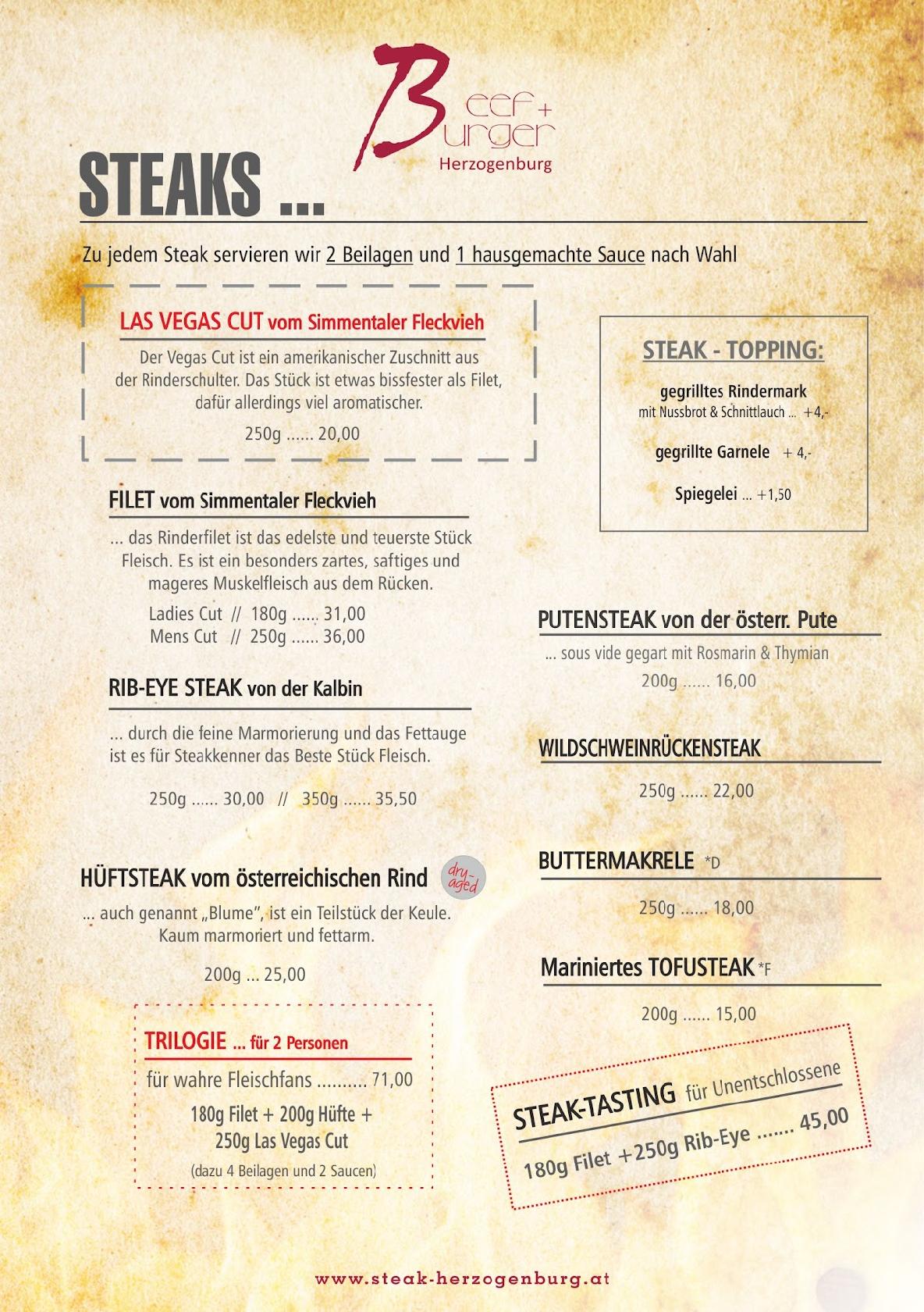 Speisekarte von Beef+Burger Steakhouse, Herzogenburg