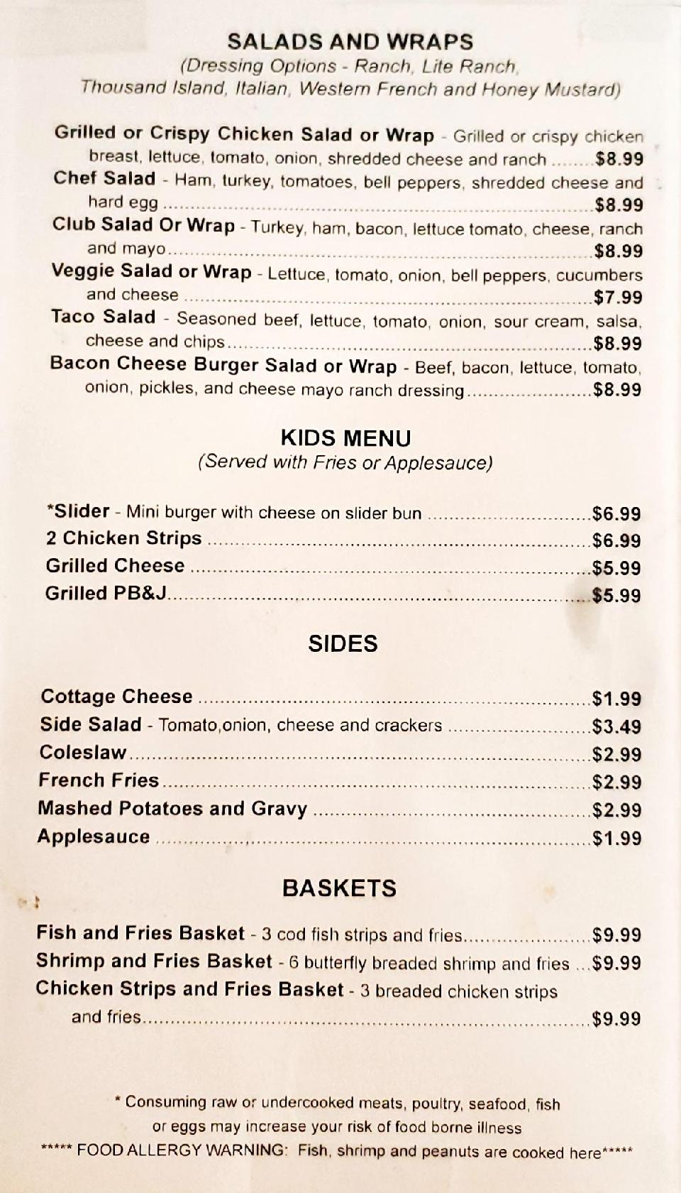 Menu at Cantril Fox Den restaurant, Cantril
