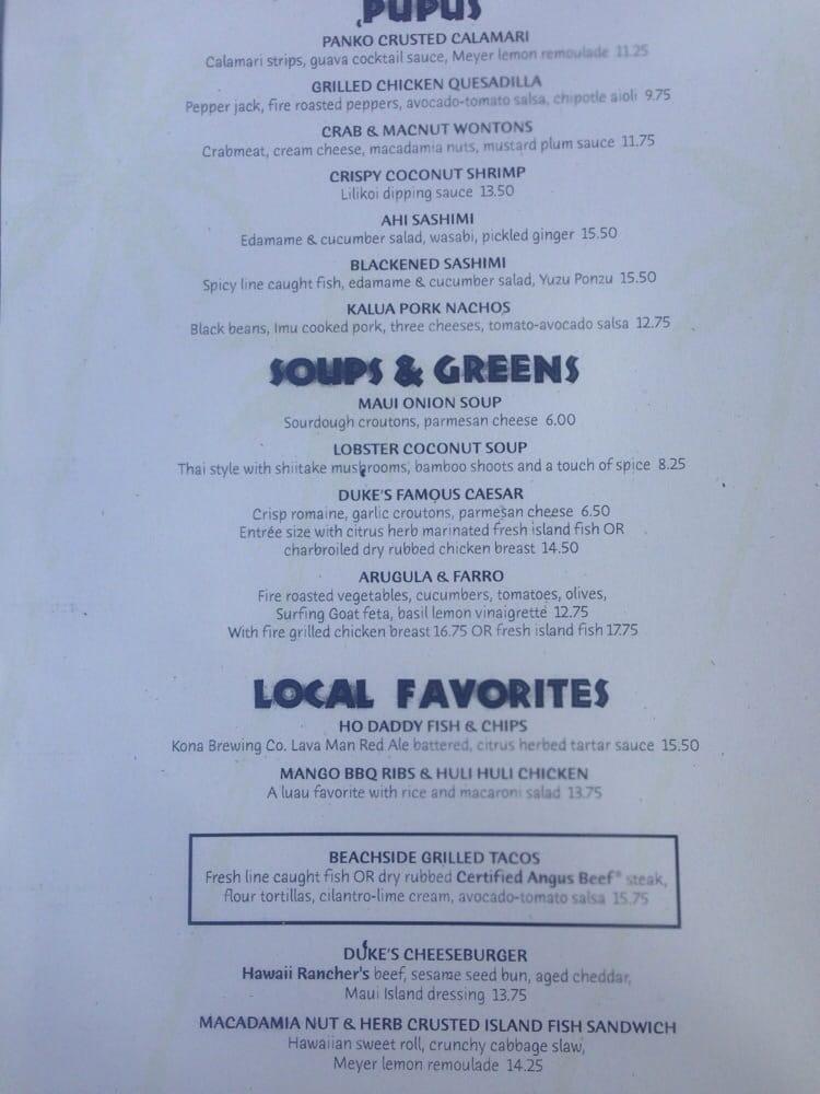 Menu at Duke's Beach House Maui pub & bar, Lahaina