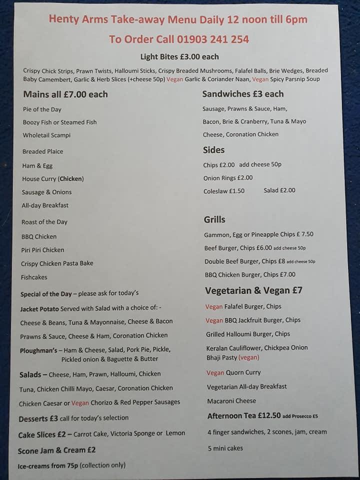 Menu At The Henty Arms Pub And Bar Worthing 