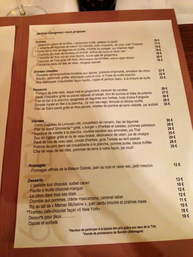 Menu at 6 NewYork restaurant, Paris, 6 Av. de New York
