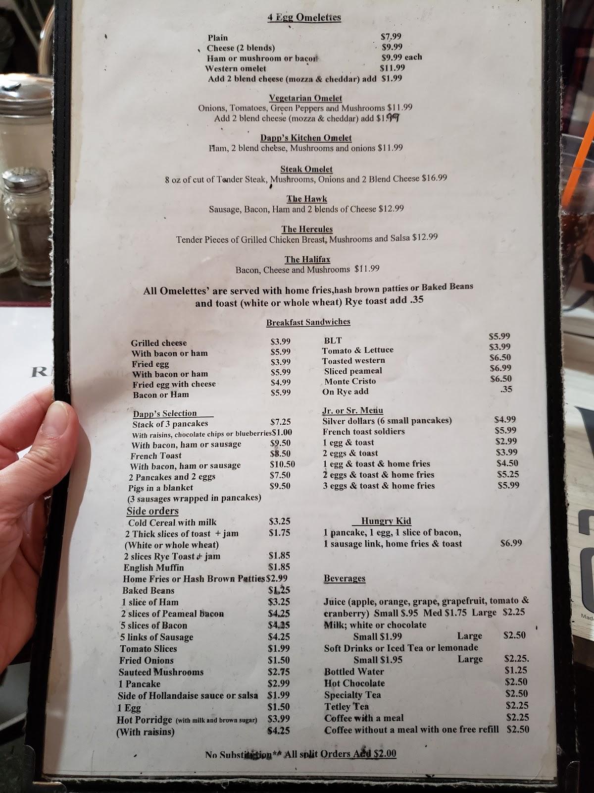 Menu at Dapp's Restaurant, Quinte West