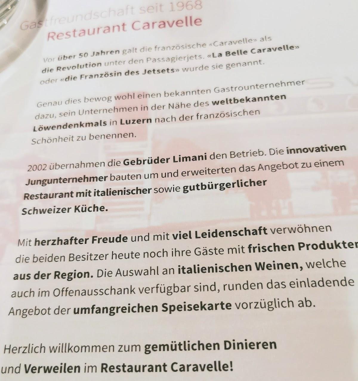 Menu da Restaurant Caravelle, Lucerna