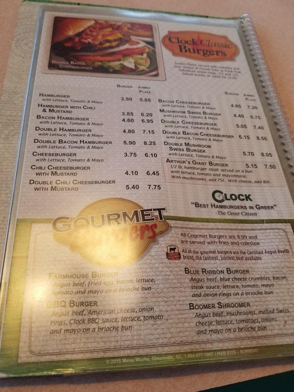 Menu at Clock Restaurant, Greer