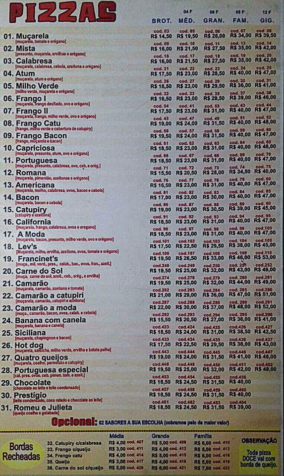 Pizzaria, churrascaria e pastelaria Franciné cardápio