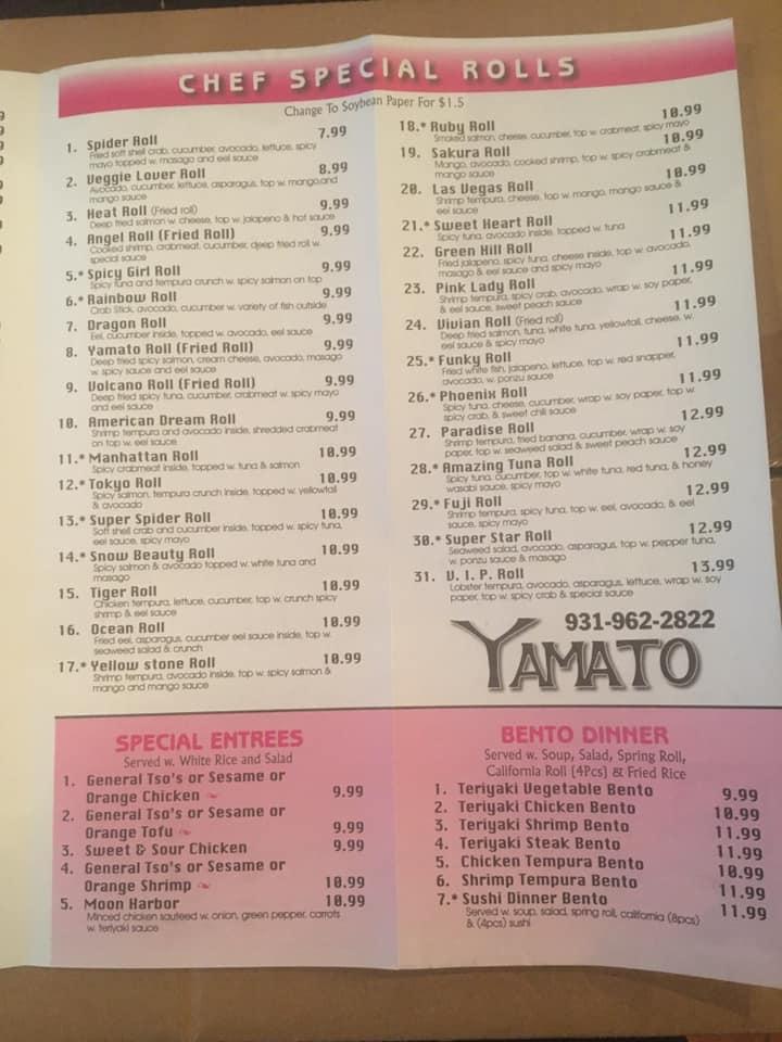 Menu at Yamato restaurant, Decherd