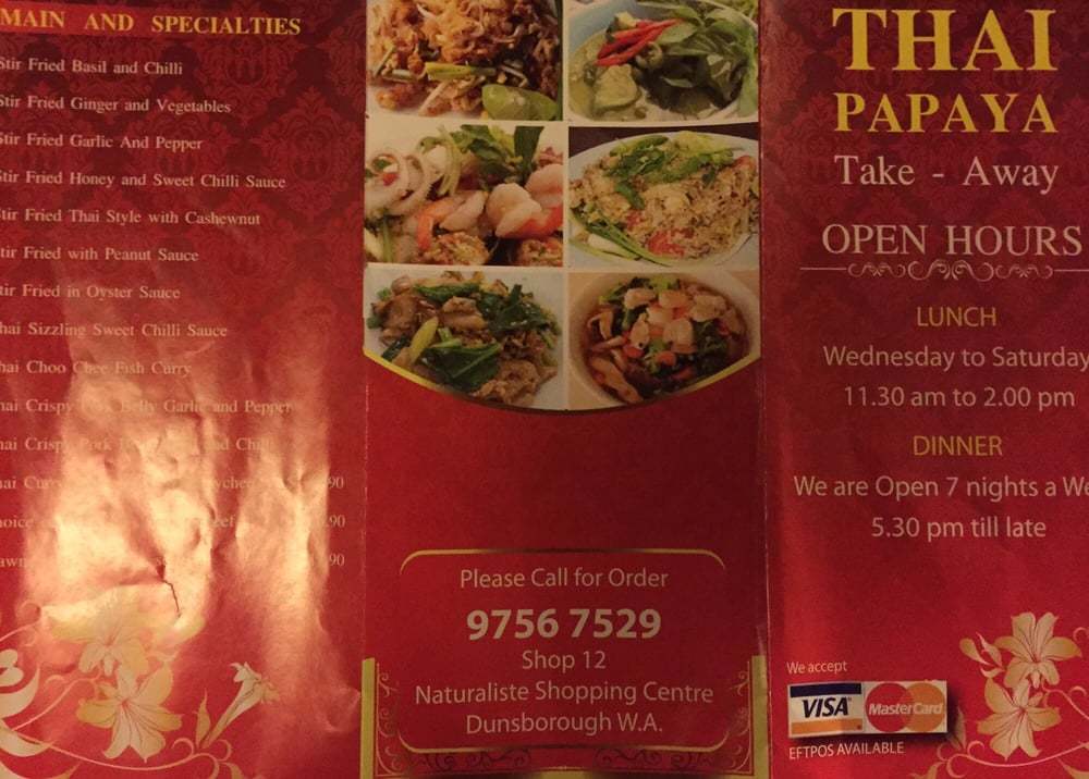 Menu at Thai Papaya Takeaway restaurant, Dunsborough, 2 Dunsborough Pl