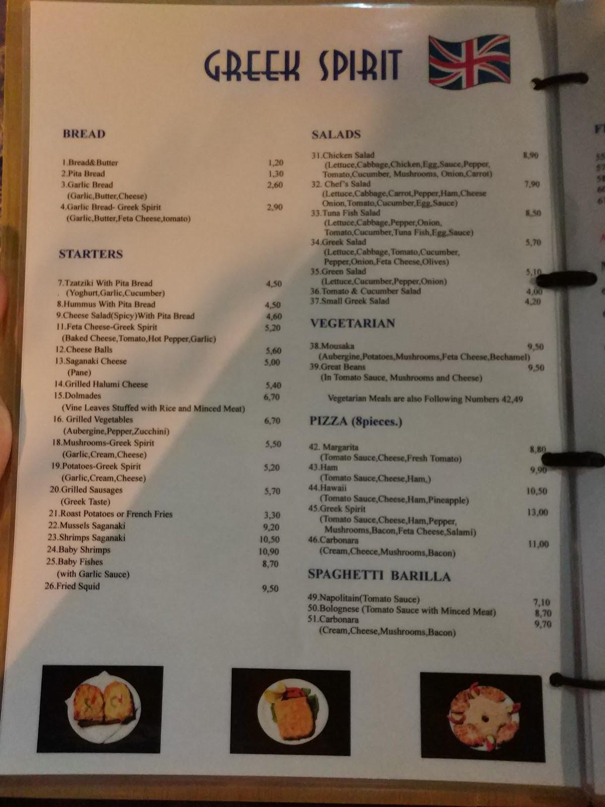 Menu at Greek Spirit, Faliraki