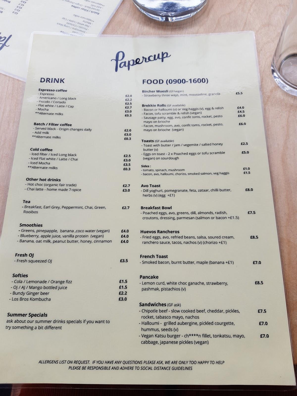 Menu at Papercup Coffee Company cafe, Glasgow, 603 Great Western Rd