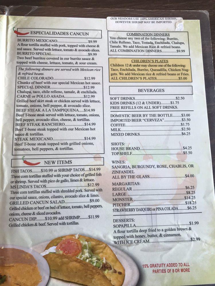 Menu at Cancun Mexican Restaurant, Lake Charles