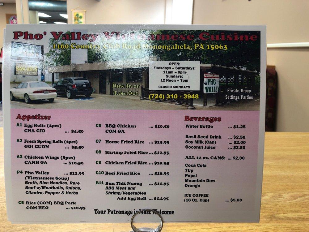 Menu at Pho Valley restaurant, Monongahela