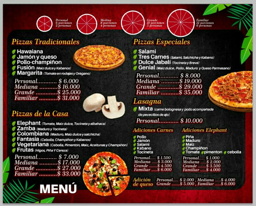 Menu at Pizzería Red Elephant, Cali