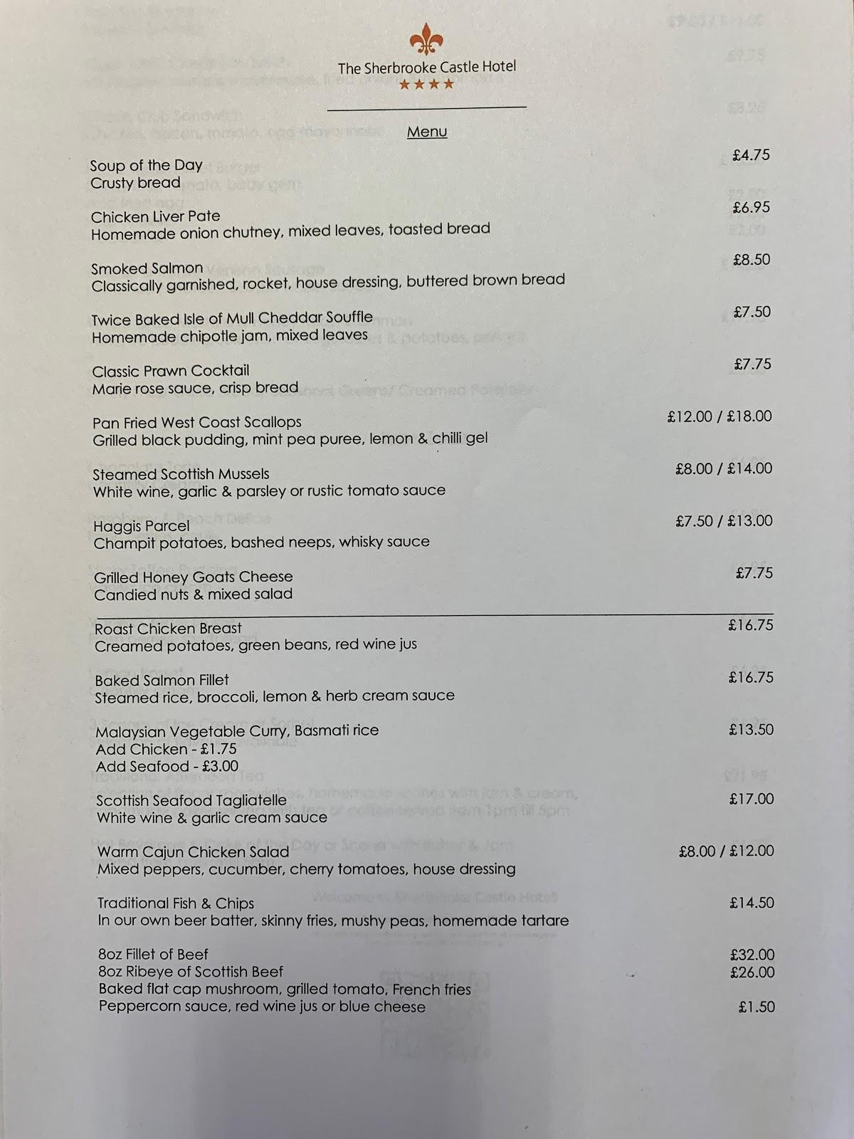 Menu at Sherbrooke Castle Hotel Glasgow restaurant, Glasgow