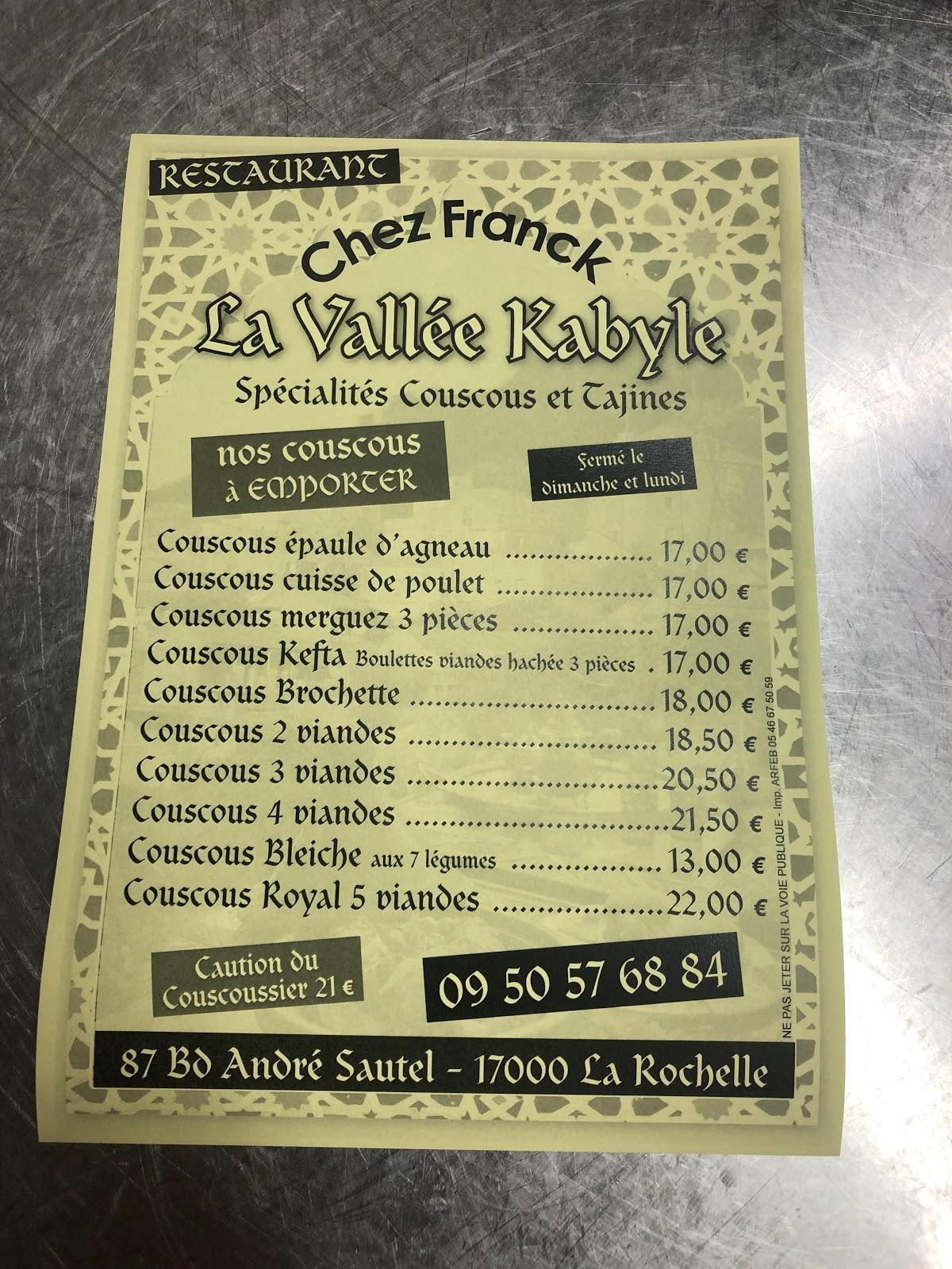 Carta del restaurante couscous la rochellela vallée kabyle, La Rochelle