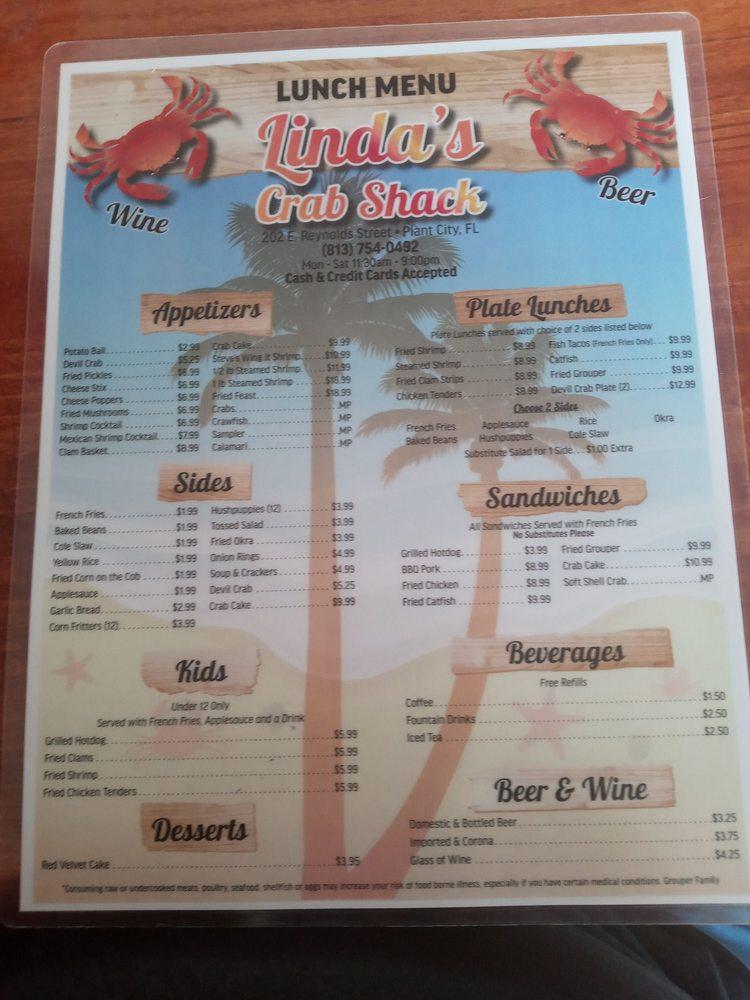 Menu at Linda's Crab Shack restaurant, Plant City