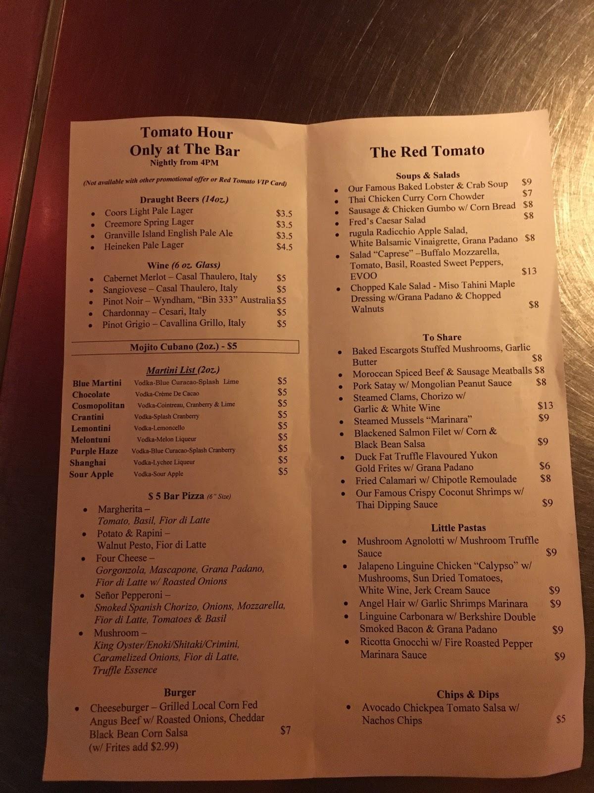 Menu at Red Tomato restaurant, Toronto