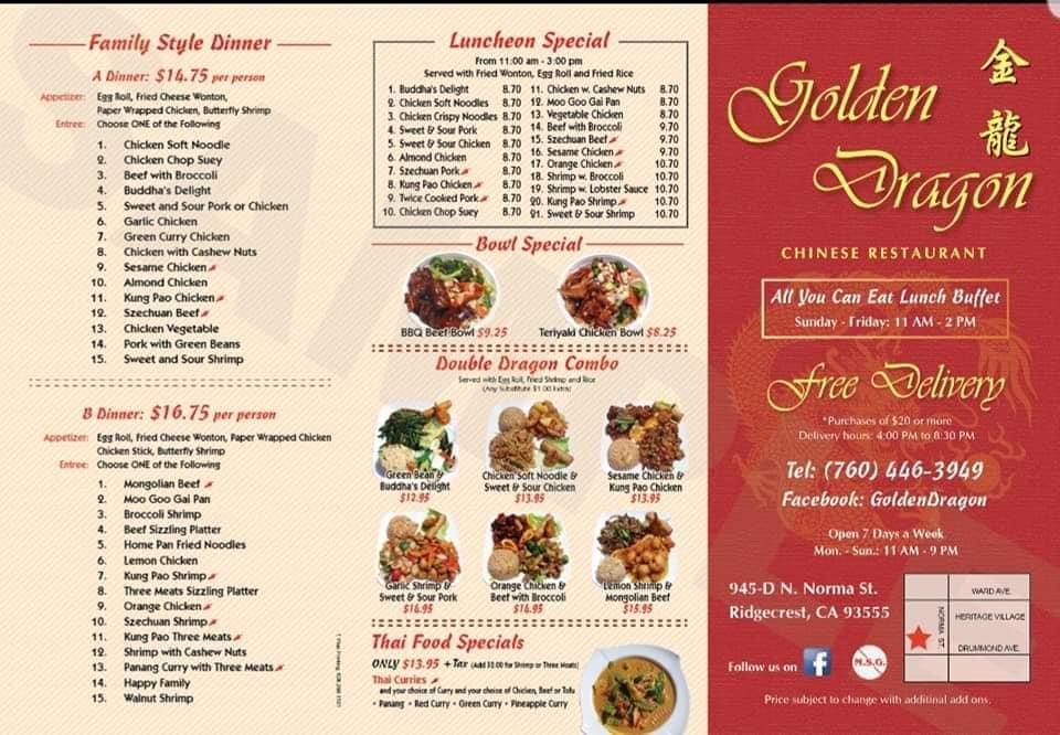 Menu at Golden Dragon restaurant, Ridgecrest