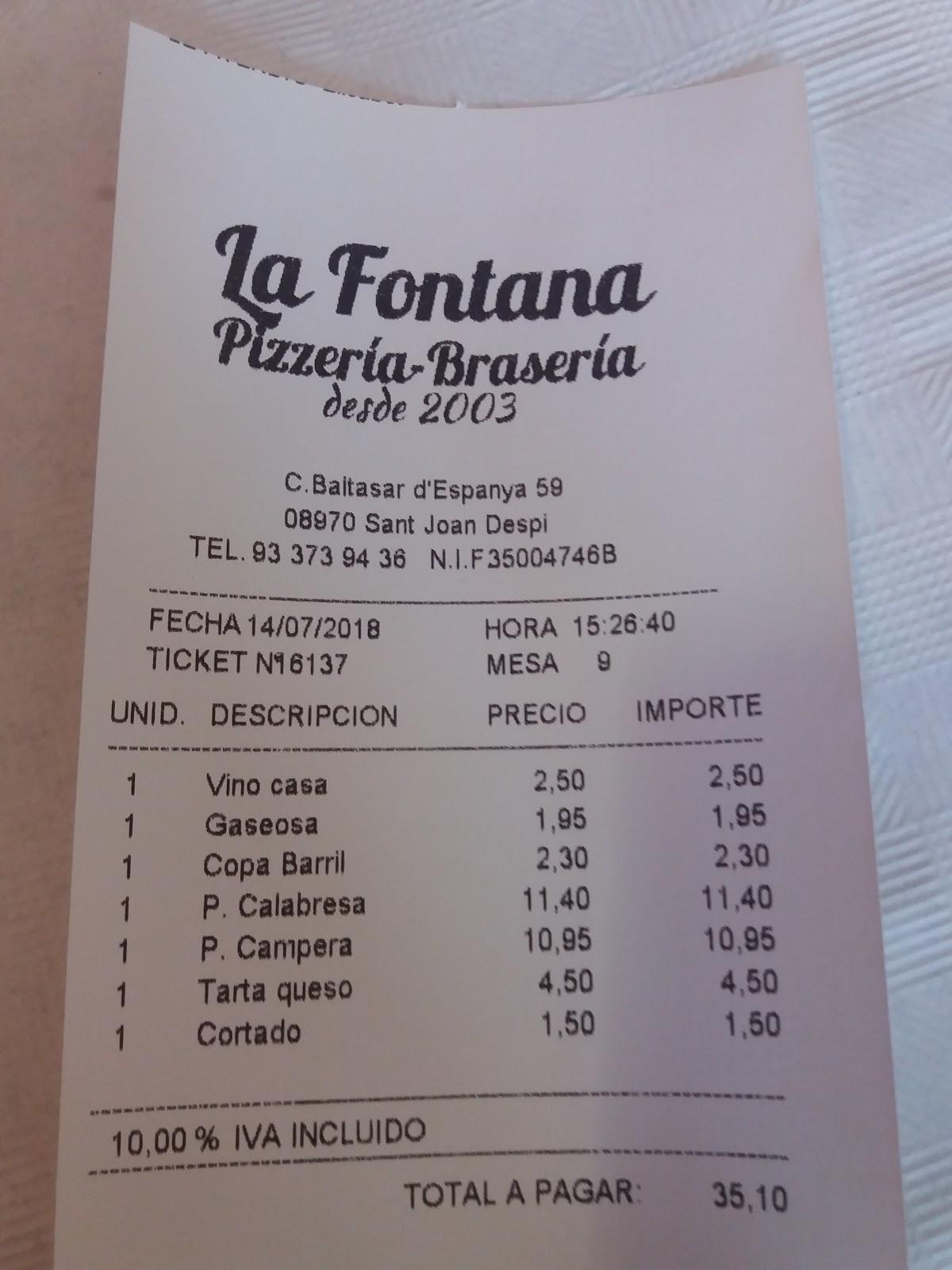 Carta De Restaurant La Fontana San Juan Desp