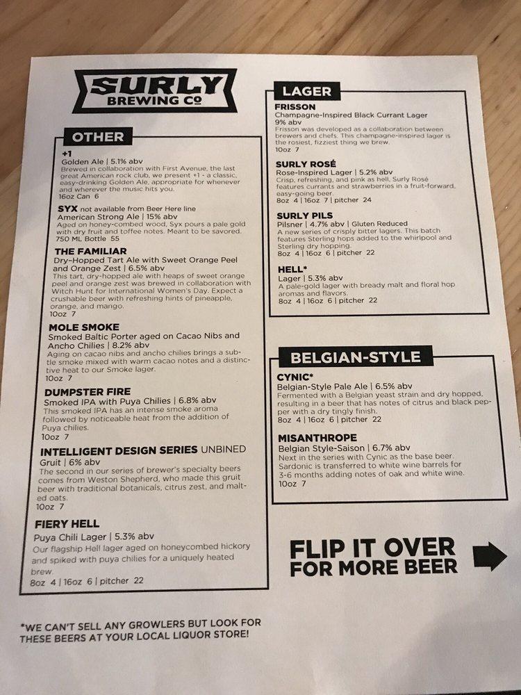 Menu at Surly Brewing Co. pizzeria, Minneapolis