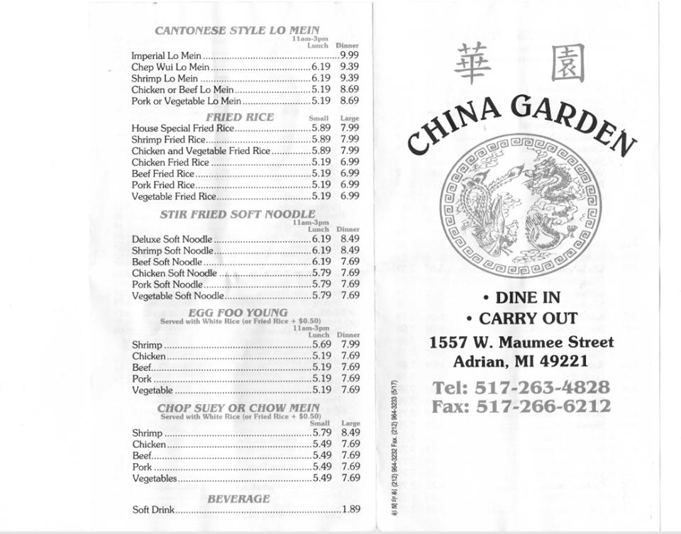 Menu At China Garden Restaurant Adrian