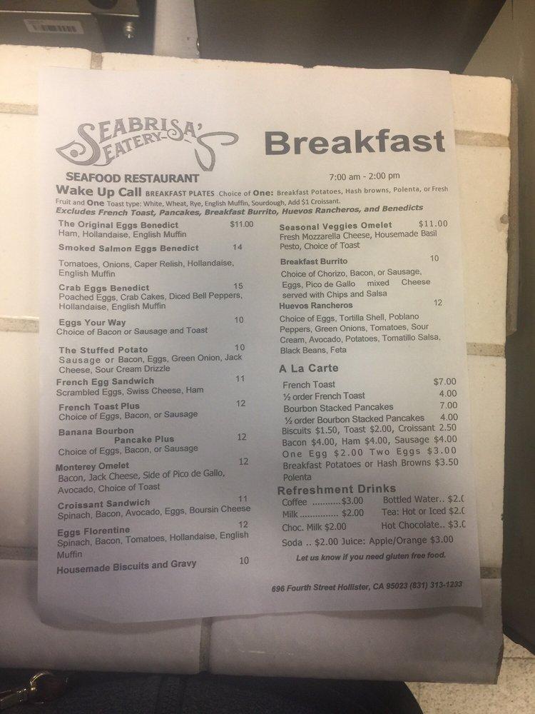 Menu at Seabrisa's Eatery restaurant, Hollister, 155 Skylane Dr