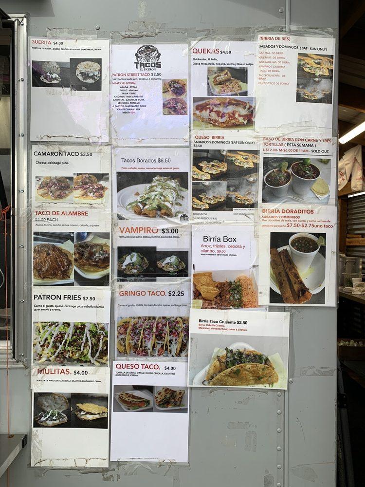 Menu at Tacos el Patron restaurant, Beaverton
