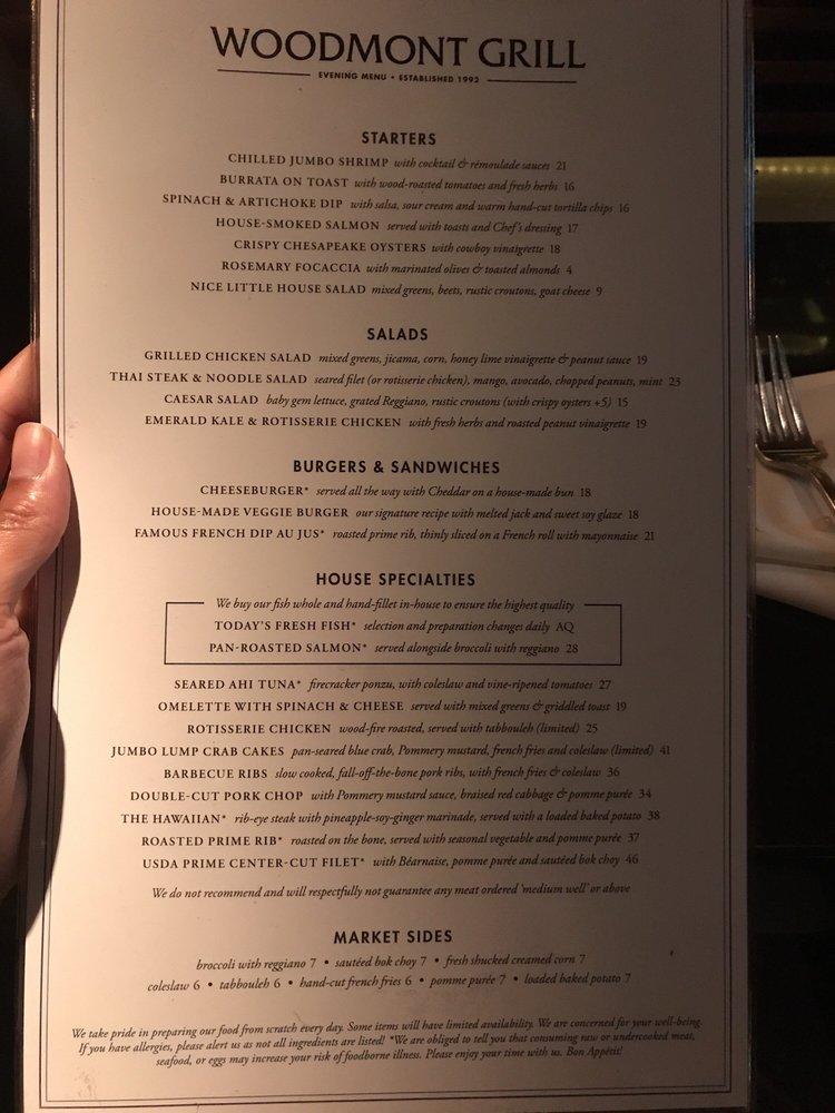 Menu at Woodmont Grill restaurant, Bethesda