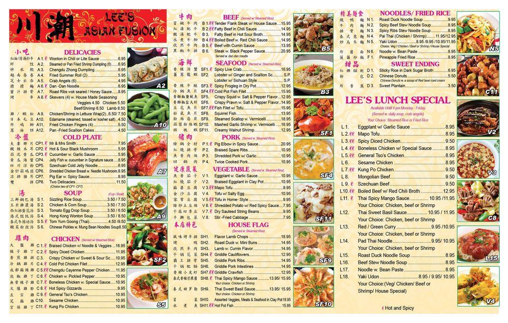 Menu at Lee's Asian Fusion restaurant, USA