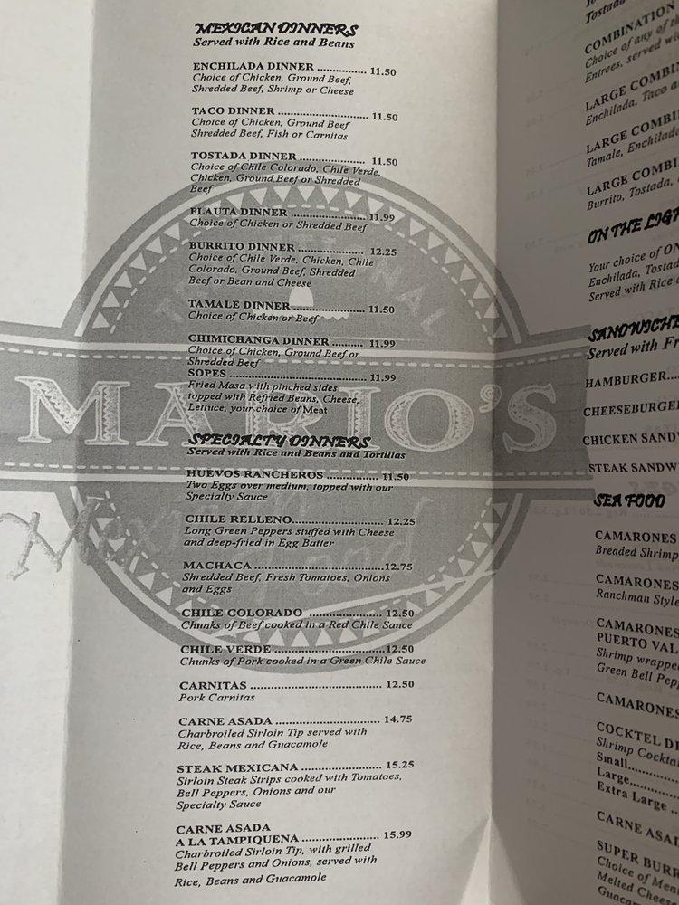 Menu at Mario's Traditional Mexican Food restaurant, Chowchilla