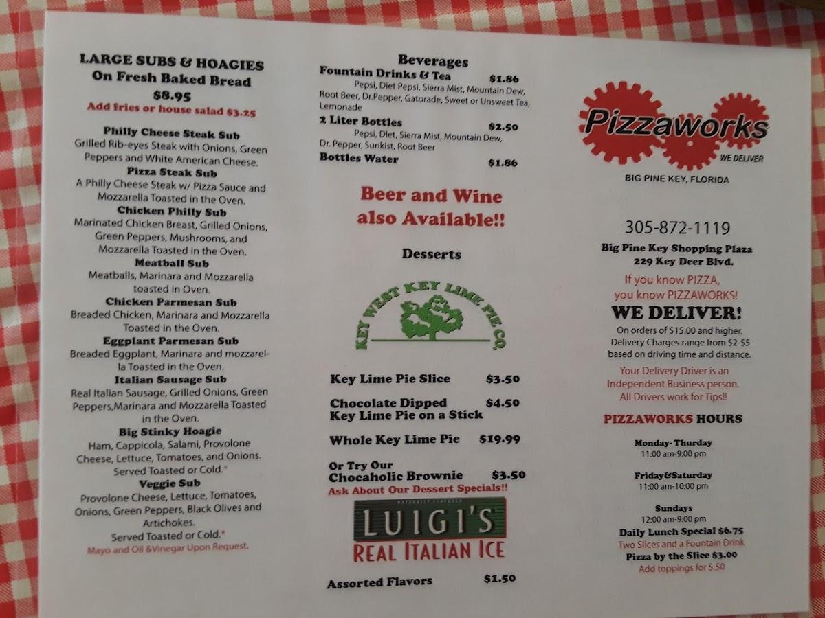 Menu at Pizzaworks pizzeria, Big Pine Key