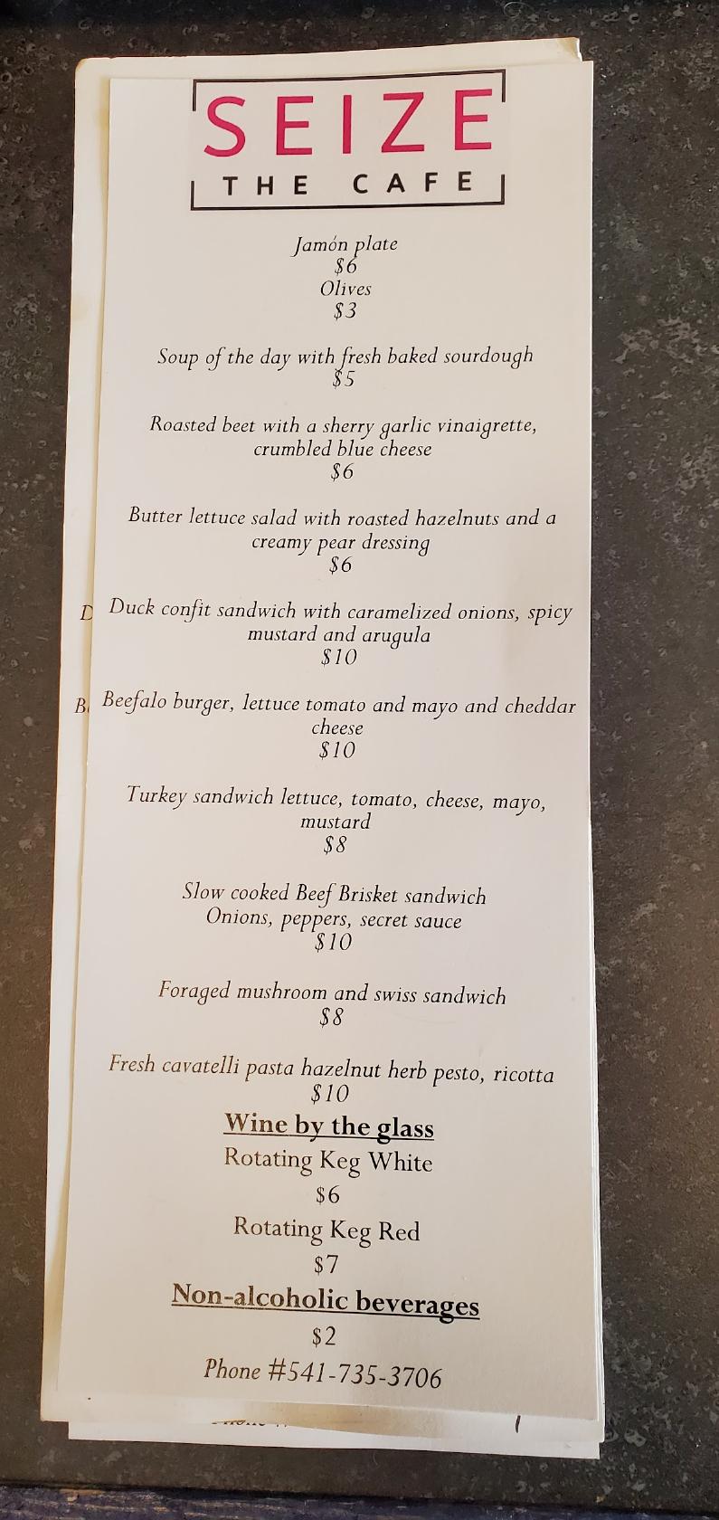Menu at Seize the Cafe, Eugene