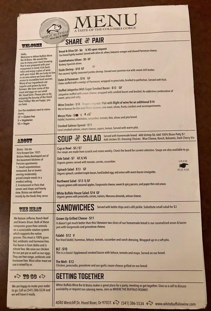 Menu at White Buffalo Wine Bar & Bistro, Hood River