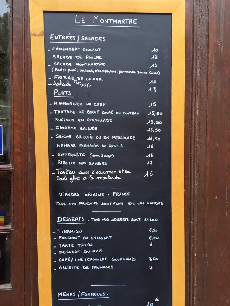 Menu at Le Montmartre restaurant, Marseille